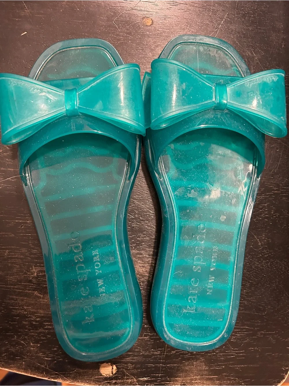 kate spade Teal Jelly Bow Slide Sandals